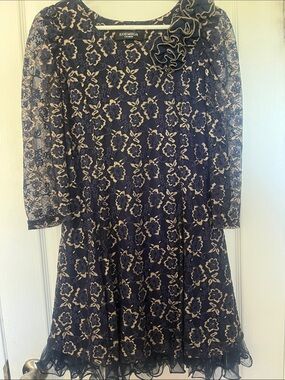Retro-1980’s Navy & Gold Lace Cocktail Dress with Rosettes and Crinoline-edge.